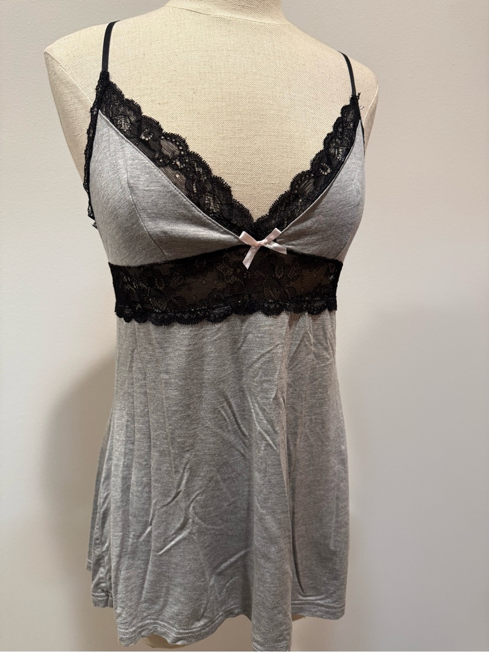 Grey Lace-Trim Chemise with Black Lace Accents